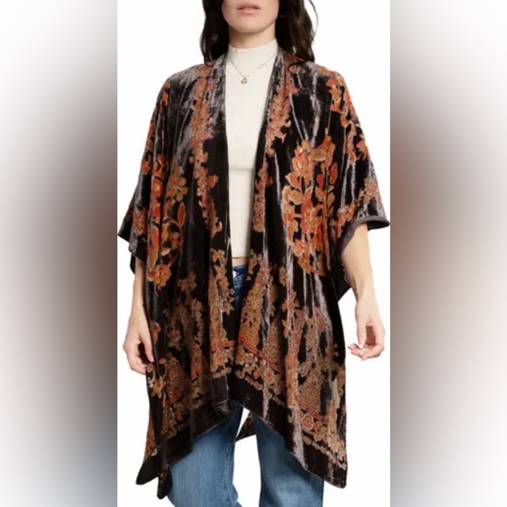 Velvet Floral Kimono Cardigan - Black with Rust Floral